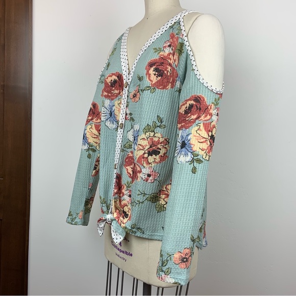 Oddi Retro Spring Floral Rose Polka Dot Teal Cutout Cold Shoulder Bow Top - Picture 5 of 16